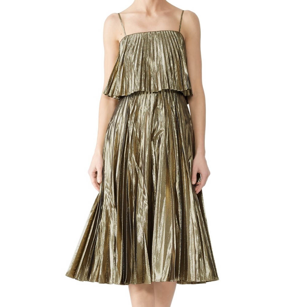 Gold pleated metallic holiday midi dress